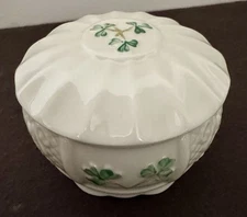 1990 Belleek Nadine Trinket Box with Painted Shamrocks and Celtic Harp