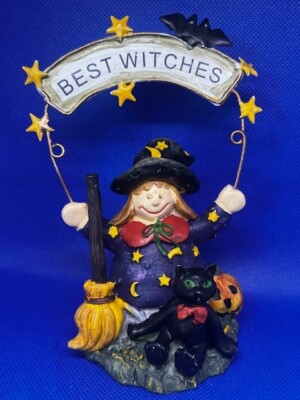 Vintage Halloween Best Witches Black Cat Pumpkin Broom Bat Wire Sign Figurine