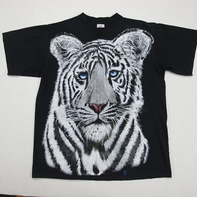 Vintage White Tiger Shirt Mens Large Black Trinity Products Wildlife AOP Delta