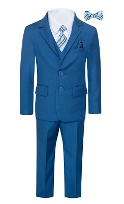 Magen Kid Boy SLIM FIT Formal Bridal 7 Pcs Set Suit S1-18 Indigo Blue 2 Button 