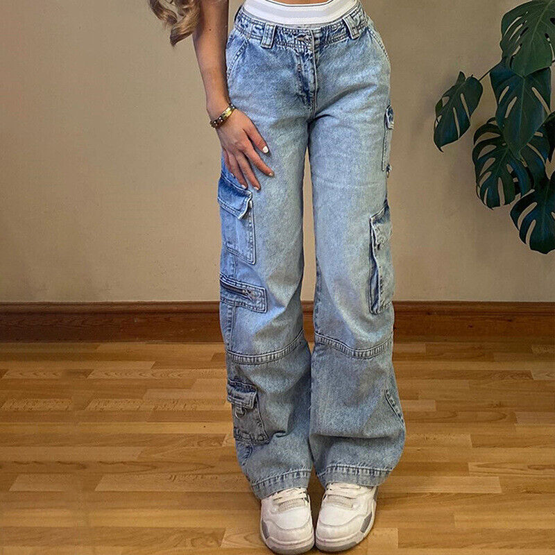 Womens High Waist Baggy Jeans Side Pocket Denim Pants Cargo Pants Boyfriend  Trousers Y2K Streetwear 