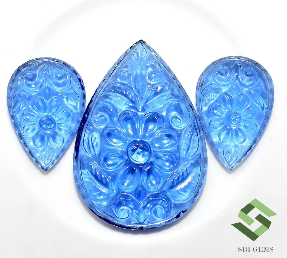 Sapphire Color Nano Handmade Carving 3 Pcs Set 32x23 mm & 20x13 mm Loose Gems - Image 2 of 4