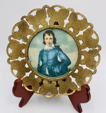 Blue Boy Picture Brass Butterfly Frame Romantic Round England Single Vintage 6”