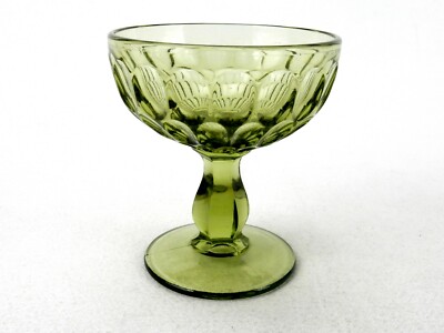 Fenton Colonial Green Sherbet Glass. Thumbprint Pattern, 6-Sided Stem, #FNT300