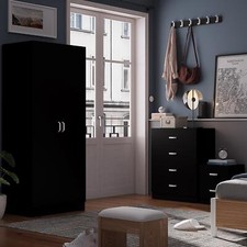 Image of Tunis Black 2 Door Wardrobe Bedroom Furniture Cupboard Metal Curved Handles