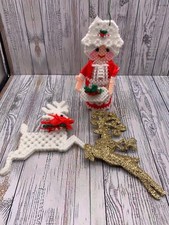 Vintage Handmade Mrs. Claus & Deer Cross Stitch Christmas Yarn Hanging Ornament
