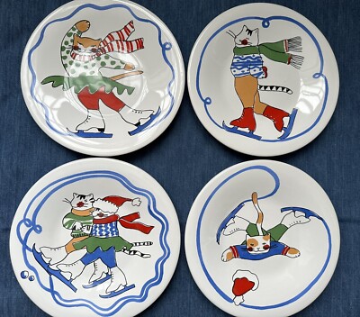 PORTA Feline Festivities Maret SET OF 4: CAT PLATES Ice Skating Kitty Portugal