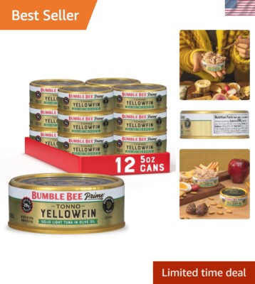 Premium Yellowfin Ahi Tuna in Olive Oil - 12 x 5oz Cans, Gluten Free & Kosher