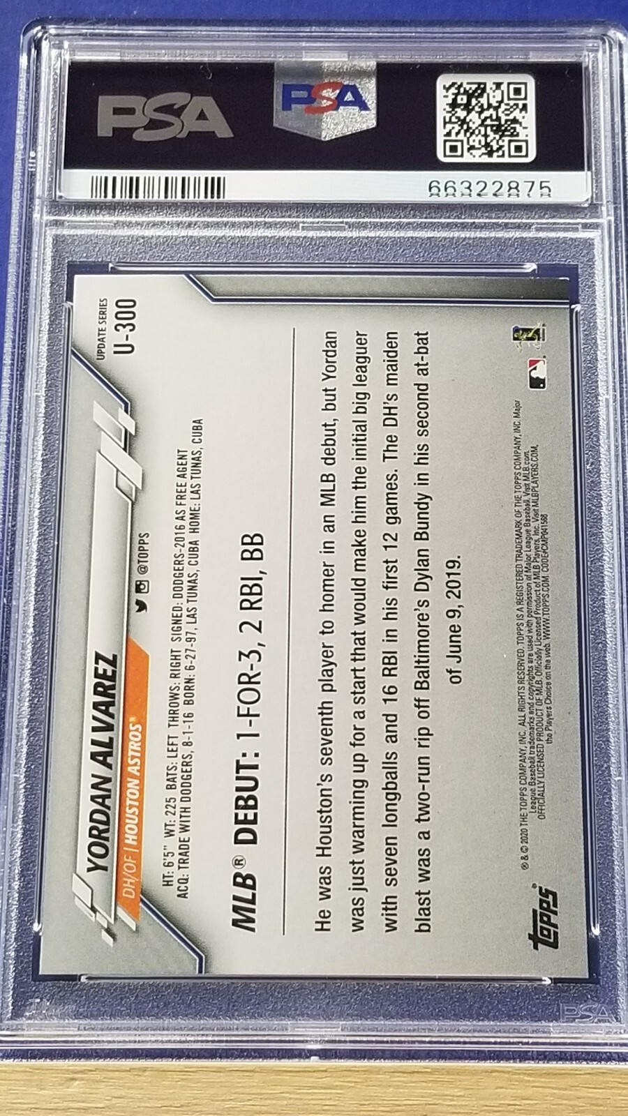 Yordan Alvarez - 2020 Topps Update Gold Foil RC #U300  PSA 9 view 2