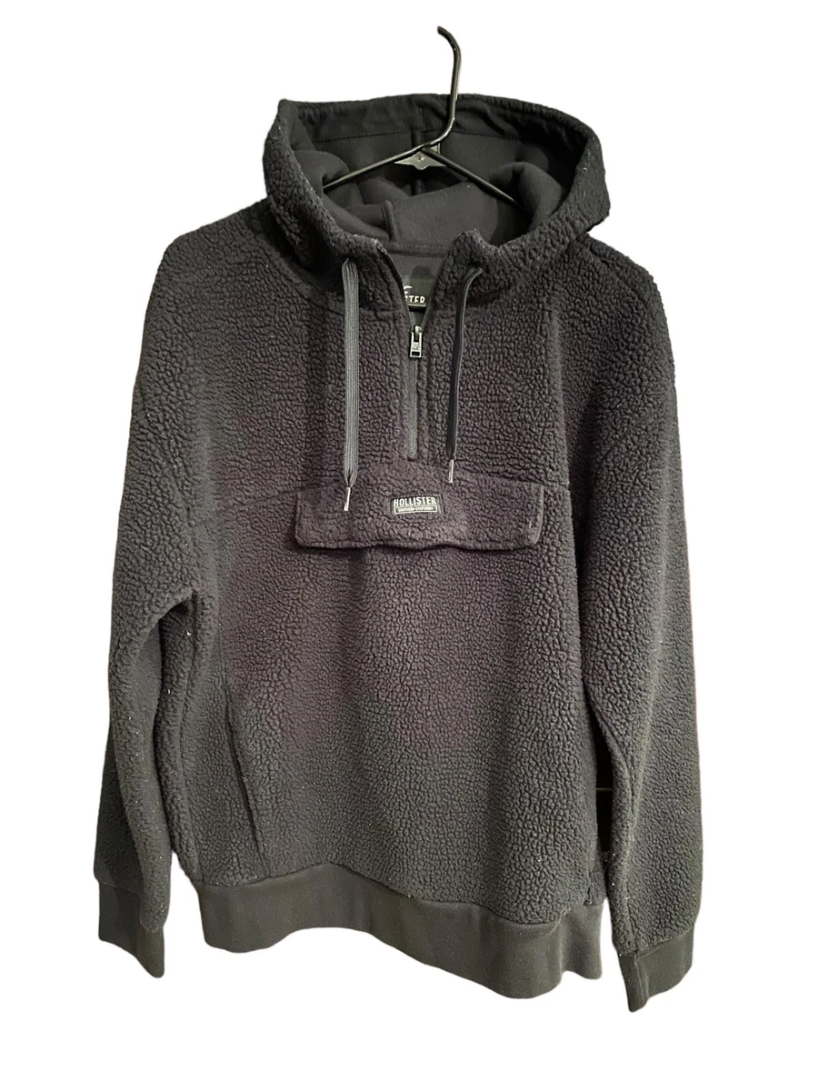 Hollister Mens Black Furry 3 4 Zip Hoodie With Pocket Size Large