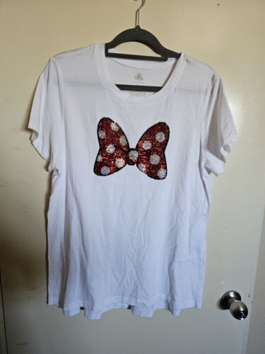 Disney Parks Authentic Women's XL Minnie Mouse Bow Shirt Reversible Sequin Bling - Picture 1 of 5