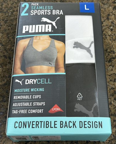 NEW PUMA size L white black drycell set of 2 Seamless athletic Sports Bra womens