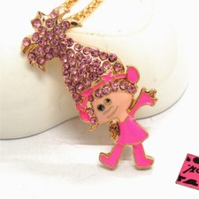 New Fashion Women Pink Enamel Cute Little Girl Crystal Pendant Chain Necklace