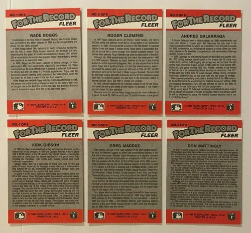 2 juegos de tarjetas Fleer For The Record 1989 Clemens Mattingly Boggs Maddux - Imagen 2 de 2