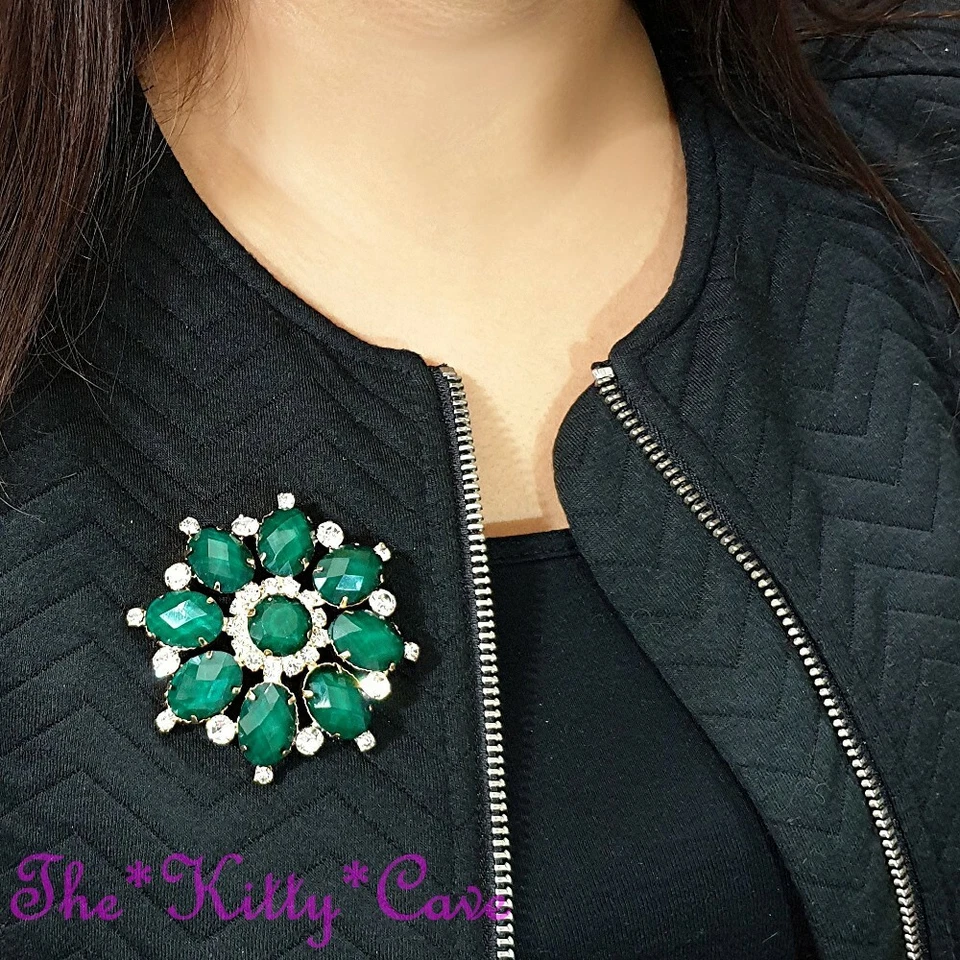 Klassisch Schick Vergoldet Smaragd Grün Blume Korsage Anstecker Kristall Brosche - Bild 3 von 4