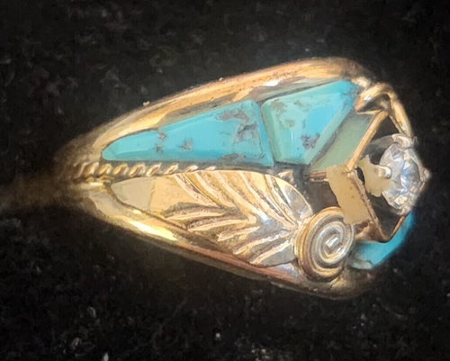 Anello da uomo vintage Navajo pietra turchese riempita in oro sterling con zirconi taglia 10 - Foto 2 di 4