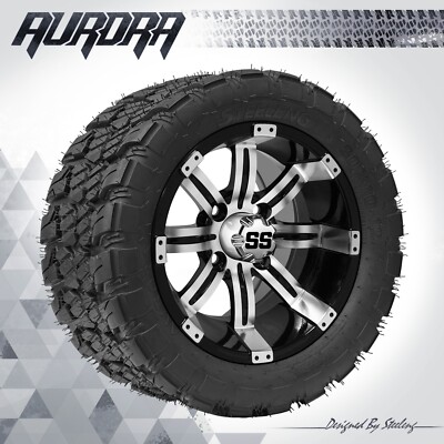 GOLF CART 12'' MACHINED/BLACK 'TEMPEST' WHEELS and 20'' AURORA HYBRID AT DOT TIRES