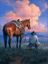 Ceramic Tile Mural Backsplash Shower Sorenson Western Cowboy Cattle Art RW-JS047
