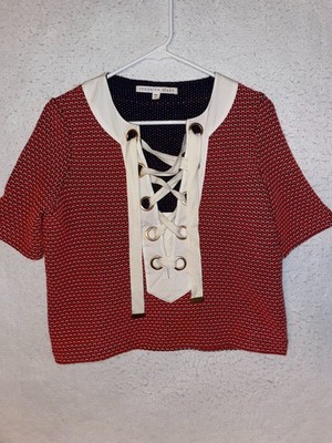 Veronica Beard Sanibel Lace Up red white knit boxy Womens Top sz M Short Sleeve