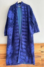 Boho Blue Velvet Duster Coat Embroidered Fish Floral Long Jacket Kaftan Kimono