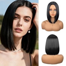 Black Straight Bob Wig for Women Middle Part Short Synthetic Hair Full Wig
