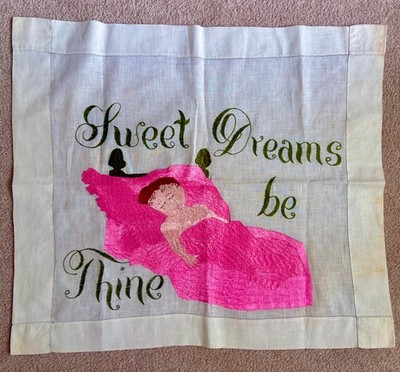 Exquisite Unique Vintage Hand Embroidered Textile Art  22.5x25 Sweet Dreams 