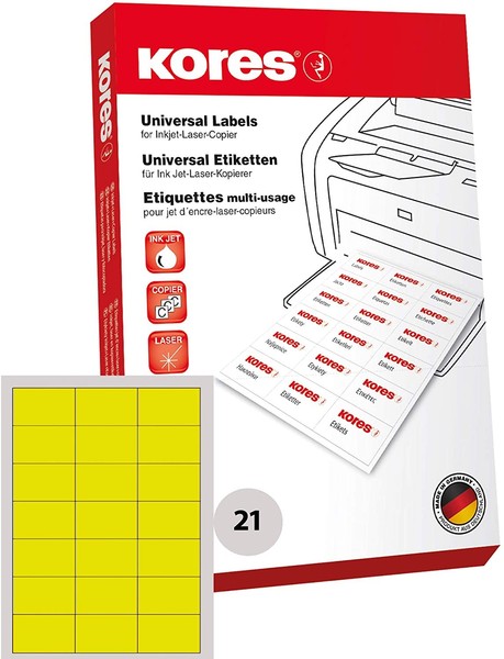 Kores Universal Etiketten 70 X 42,3 Mm Ohne Rand Gelb 2.100 Etiketten Auf 100 Bl-image