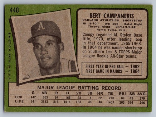 1971 Topps #440 Bert Campaneris Oakland Athletics - Picture 2 of 3
