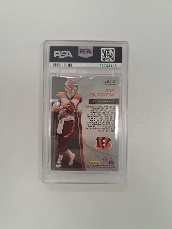Joe Burrow 2020 Panini Spectra Rookie Aura RA-17 Neon Blue Prizm /50 RC PSA 7  - Image 2 of 2