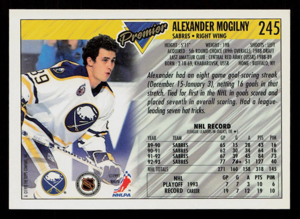 Alexander Mogilny 1993-94 Topps Premier #245 Buffalo Sabres Hockey Card - Image 2 of 2