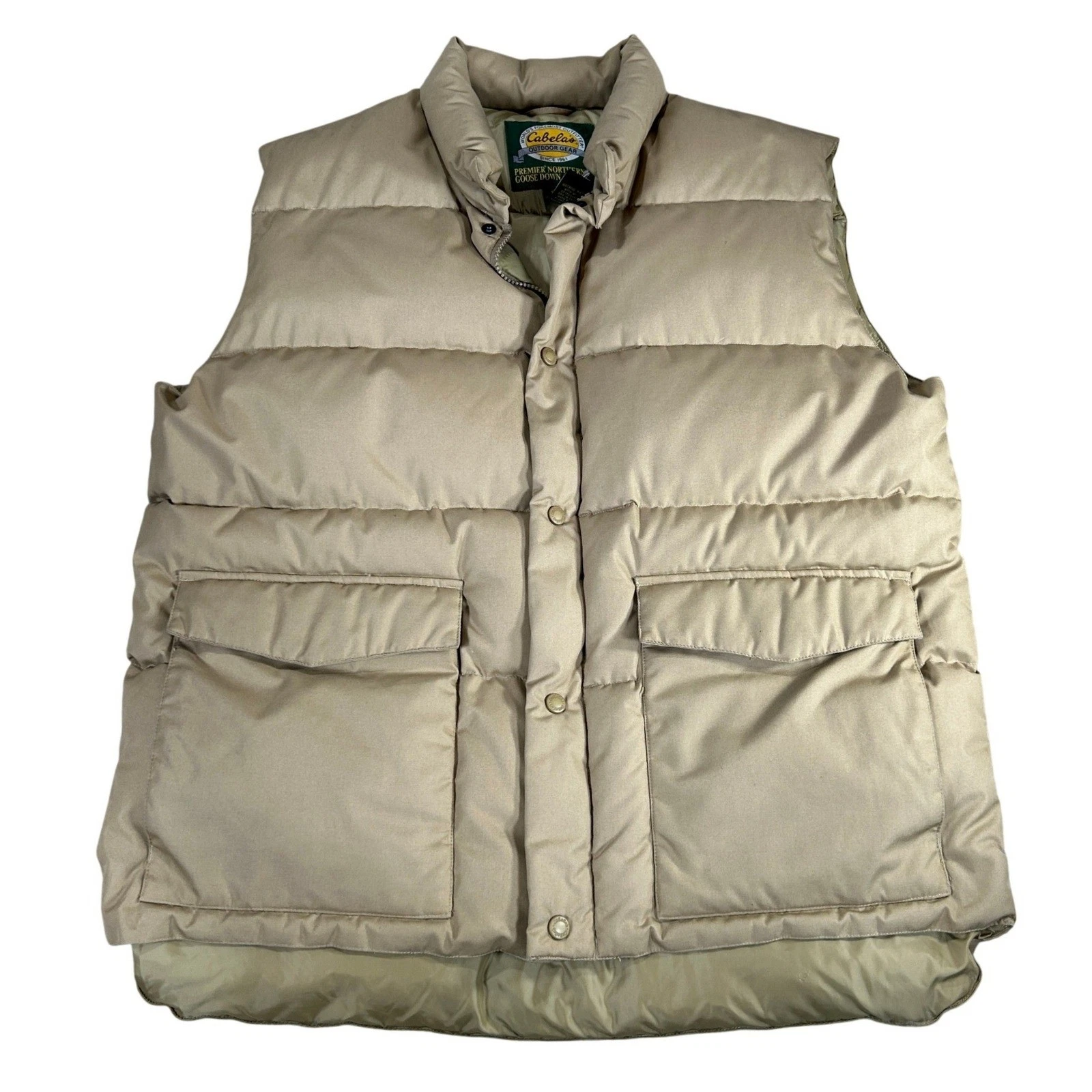 Cabelas Premier Northern Goose Down Puffer Vest Tan Full Zip Mens Size Large L