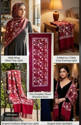 100% Reines Kaschmir Schal Burgund Bestickt Luxus Blumen Winterschal Halstuch NW