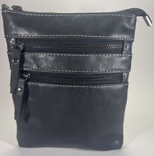 New Black Crossbody Organizer Bag 4 Zip Pocket Faux Leather Purse