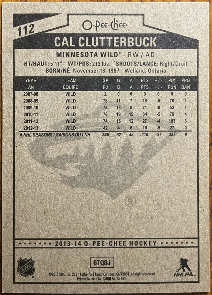 2013-14 O-Pee-Chee Red Cal Clutterbuck #112 Minnesota Wild - Image 2 of 2