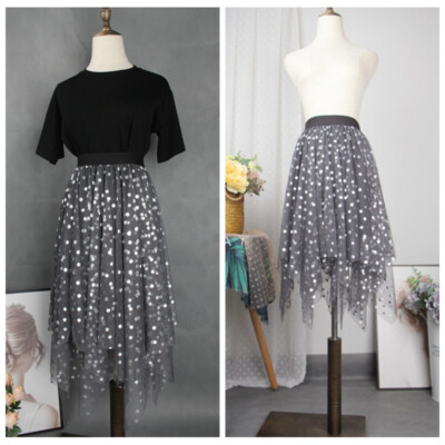 Women Polka Dot Mesh Skirt Irregular Lace Tutu Midi Grey Petticoat