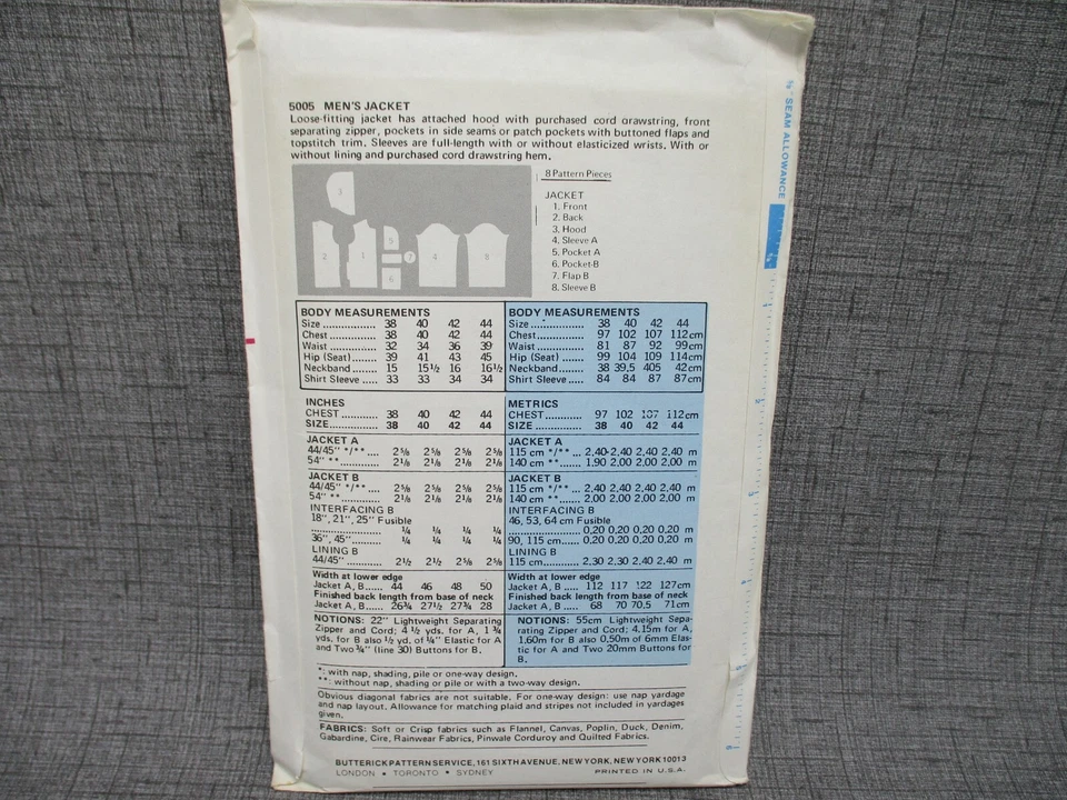 Butterick 5005 Sewing Pattern Mens Jacket Hooded Size 40 Vintage 1970s Style UC - Image 3 of 4