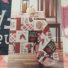 Harvest Fall Patchwork Plaid Pumpkins PEVA Vinyl Tablecloth 60"x84  Flannel Back