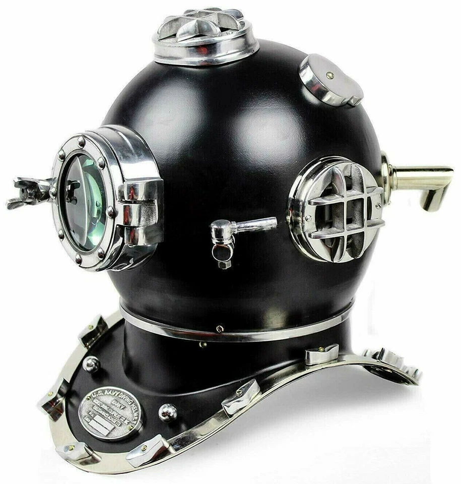 Antiguo casco de buceo de latón vintage negro Mark V de la Marina de los Estados Unidos para buceadores de aguas profundas Foto 2 de 4