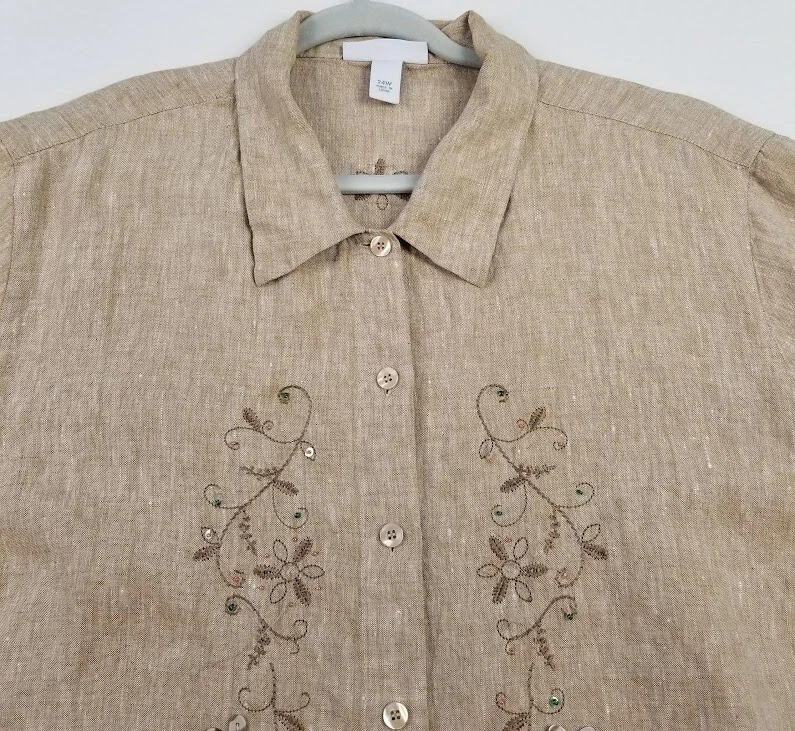 Camisa Dressbarn Lino Abotonada Para Mujer 24W Marrón Floral Manga Corta Bordada Foto 2 de 4