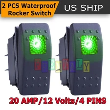 2x Green S2 4Pin Waterproof 12V 20A Bar Rocker Toggle Switch LED Light Car Boat