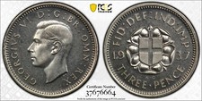 UK - GREAT BRITAIN , PROOF 3D = 3 PENCE KING GEORGE VI 1937  PCGS PR 66 , RAREZ