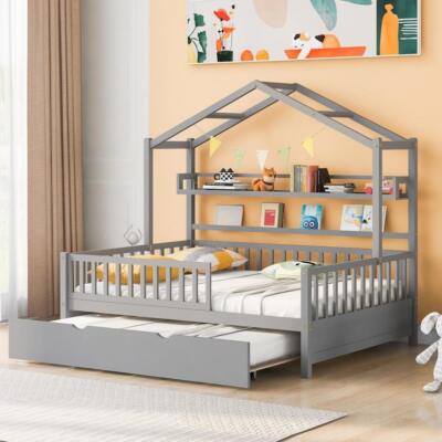 New Practical Modern Full House Bed with Twin Size Trundle Kids