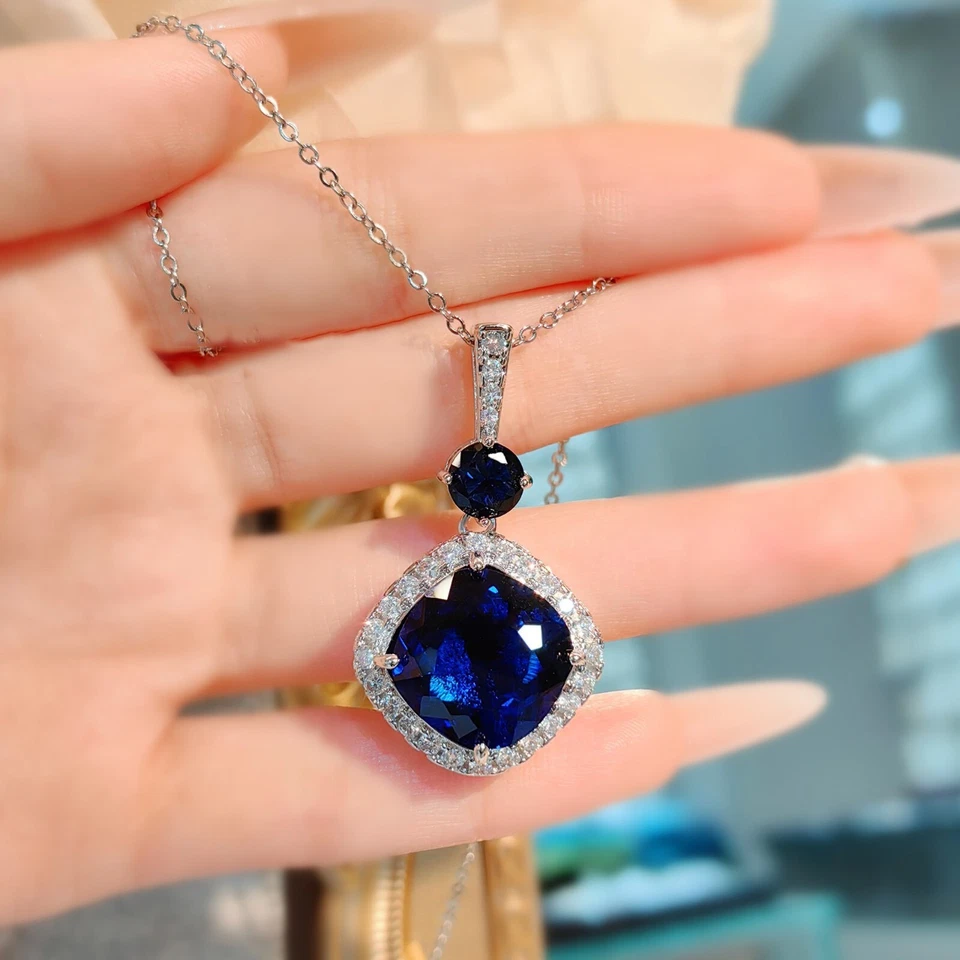 Conjunto de 3 piezas de gemas de topacio azul zafiro dije de plata collar colgante anillo pendiente para mujer Foto 2 de 4
