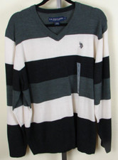U.S. Polo Assn. Mens White Black Gray Striped V Neck Pullover Sweater Size L NWT