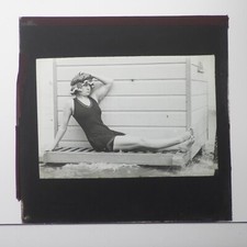 MAGIC LANTERN SLIDE VICTORIAN BATHER SWIMMING IN SEA WITH CHANGING HUT