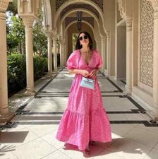 ZARA NEW SS22 OPENWORK EMBROIDERED DRESS PINK MIDI BALLOON SLEEVES 0881/303
