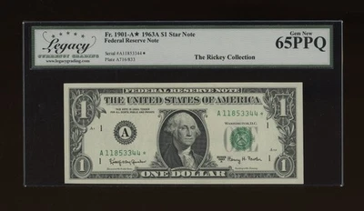 DBR 1963-A $1 FRN Boston STAR Gem Fr. 1901-A* Legacy 65 PPQ Serial A11853344* - Image 1 of 2