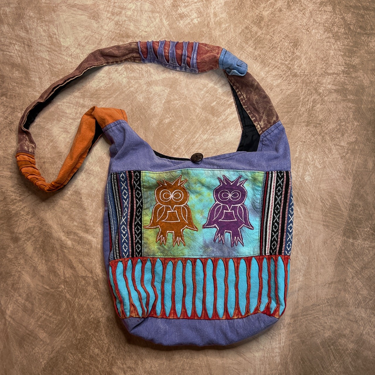 Multicolor Distressed Patchwork Embroidered Owl T… - image 1