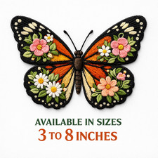 Floral Monarch Butterfly embroidered patch Iron-On 3-8 Inch