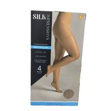 Silk Impressions Large Panty Hose Rich Tan Sheer Control Top high waisted 4 pair